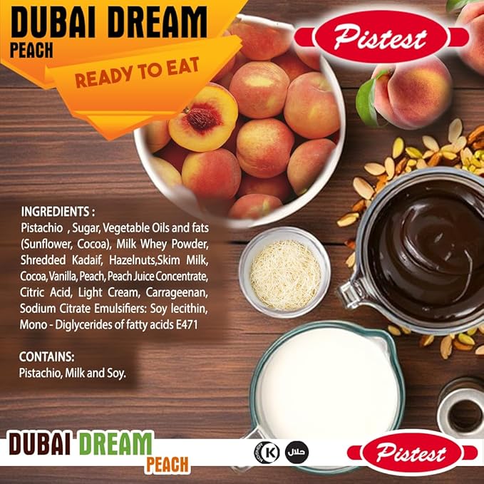Dubai Dream – Chocolate Pistachio with Peach Cream Filling, Kunafa Crunch & Double Chocolate Coating – Gourmet Treat & Snack – 200g/7.05 oz - Image 3