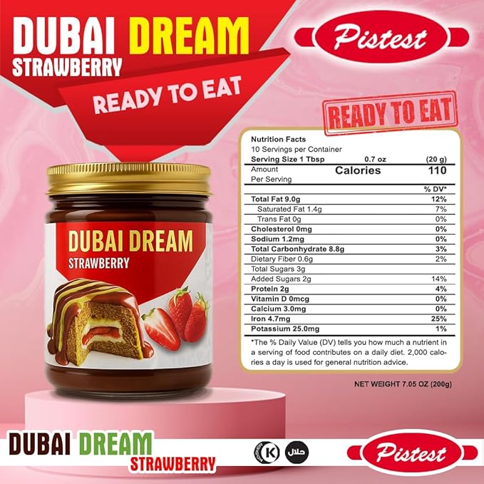 Dubai Dream – Dubai Chocolate Pistachio with Strawberry Cream Filling, Kunafa Crunch, and Double Chocolate Coating – Treat, Snack, Dessert, High Protein Gourmet Dubai Dessert – 200g/7.05 oz - Image 2