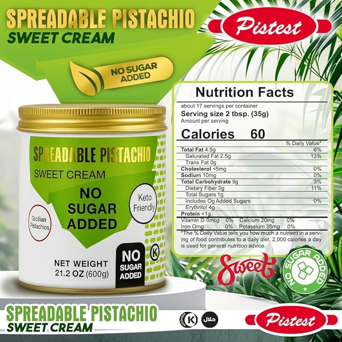 Spreadable pistachio - Sweet Pistachio Cream Spread – No Sugar Added, No Palm Oil, High Fiber, Keto Friendly, High Protein, Gluten-Free (21.2 oz) - Image 2